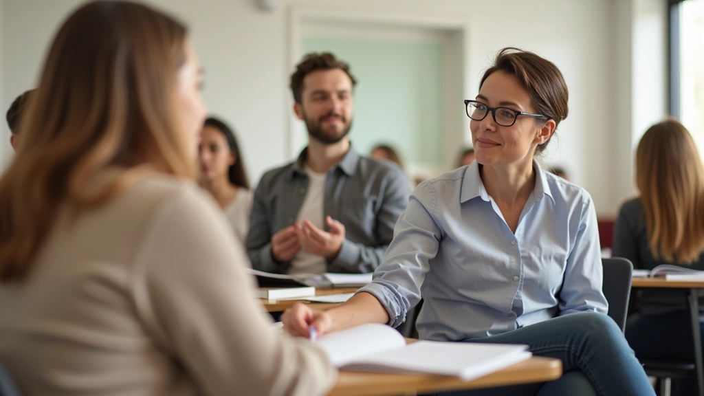 Groupe diversifié de personnes en salle de classe, levant la main avec curiosité, environnement d'apprentissage collaboratif