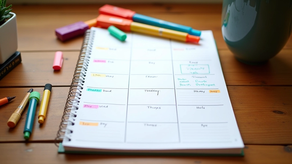 Agenda hebdomadaire avec des créneaux surlignés en différentes couleurs et des notes manuscrites