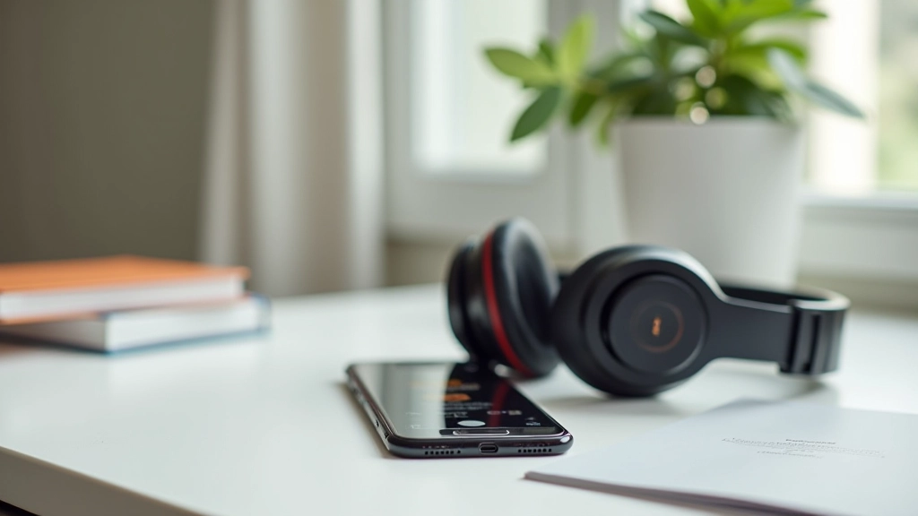 Écouteurs de qualité supérieure sur un bureau minimaliste avec un téléphone intelligent affichant une application de podcast, lumière naturelle douce