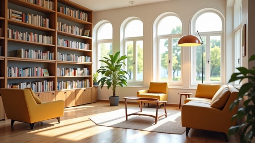 Espace d'apprentissage moderne avec livres et équipements pédagogiques dans une bibliothèque lumineuse