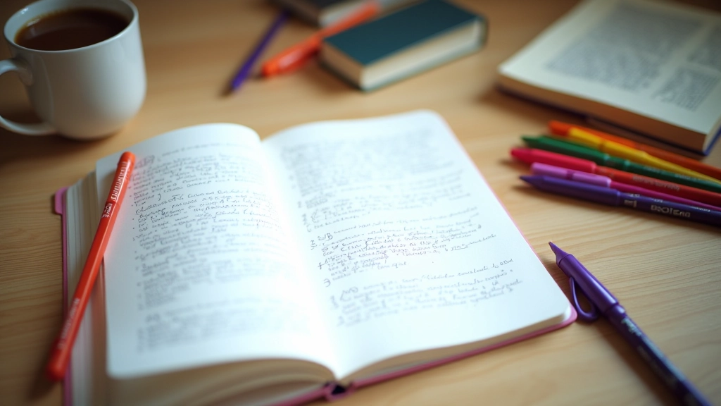 Cahier ouvert avec des notes manuscrites et des stylos colorés sur un bureau de travail
