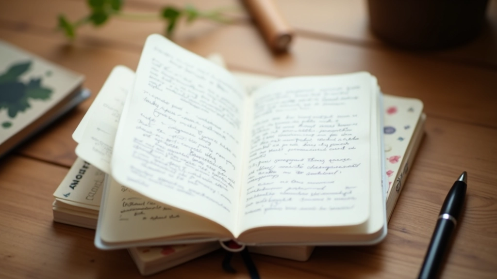 Cahier ouvert avec notes écrites et stylo sur un bureau près d'une fenêtre avec lumière naturelle