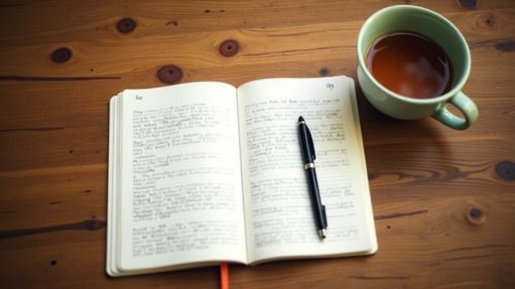 Carnet ouvert avec stylo et tasse de thé sur une table en bois, vue de dessus, notes manuscrites visibles mais lisibles