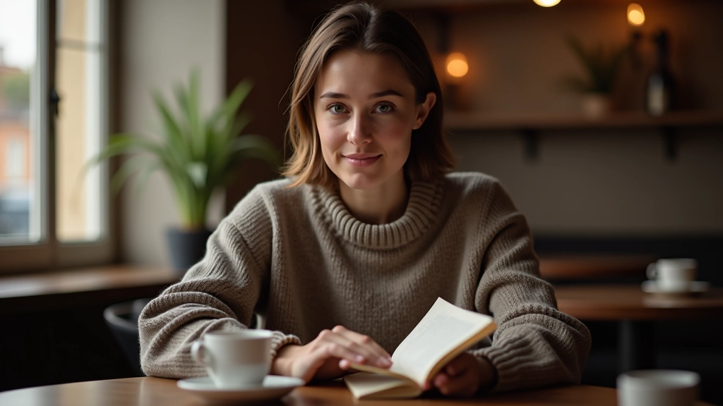 Personne lisant dans un café confortable avec une tasse de café à proximité, lumière naturelle douce