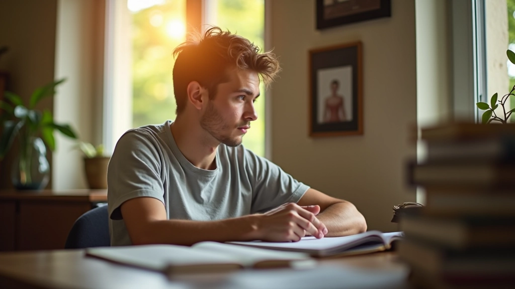 Personne assise à un bureau avec plusieurs livres empilés, regardant par la fenêtre avec une expression contemplative et inspirée