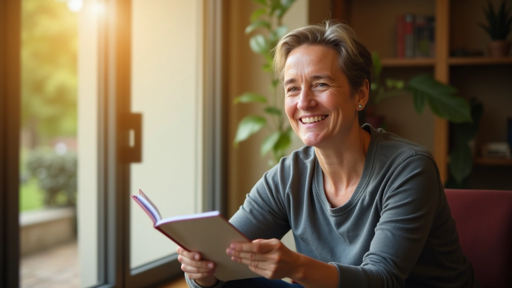 Personne souriant en tenant un cahier à côté d'une fenêtre avec lumière naturelle douce