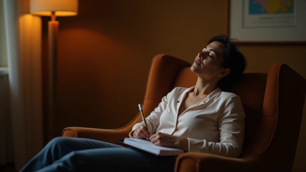 Personne assise dans un fauteuil confortable, écoutant avec les yeux fermés, carnet de notes à proximité, lumière ambiante chaude