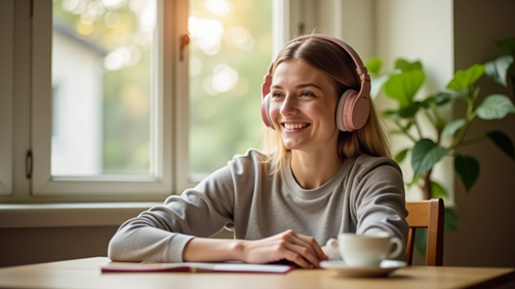 Personne écoutant des podcasts avec des écouteurs, assise près d'une fenêtre avec une tasse de café