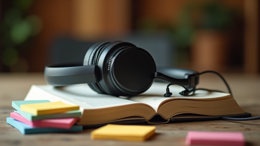 Casque audio sur un livre ouvert avec des notes colorées à proximité