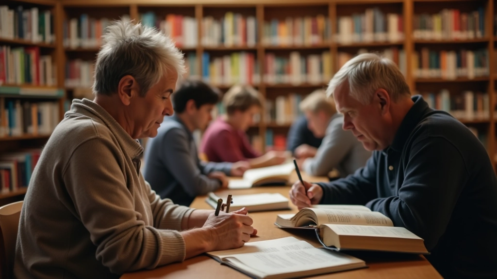 Personnes explorant des livres dans une bibliothèque lumineuse