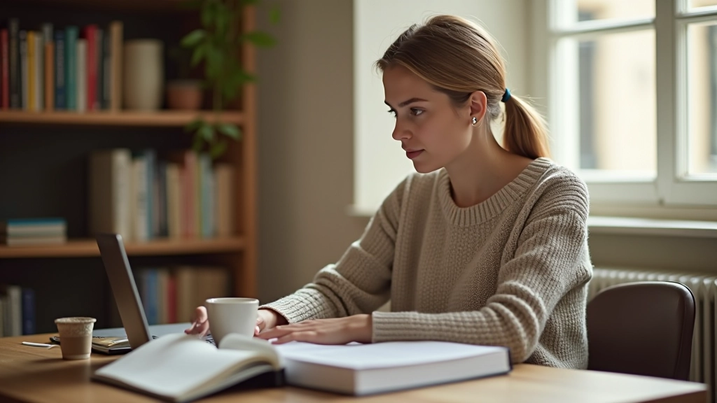 Personne travaillant à un bureau avec un cahier et une tasse de café, lumière naturelle du matin