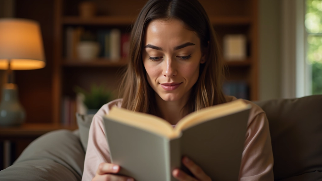 Femme concentrée lisant un livre dans un environnement calme avec une tasse de thé à proximité