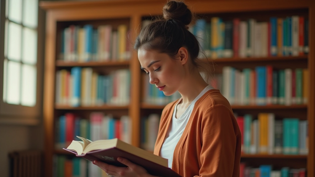 Femme lisant un livre dans une bibliothèque avec des rangées de livres colorés en arrière-plan