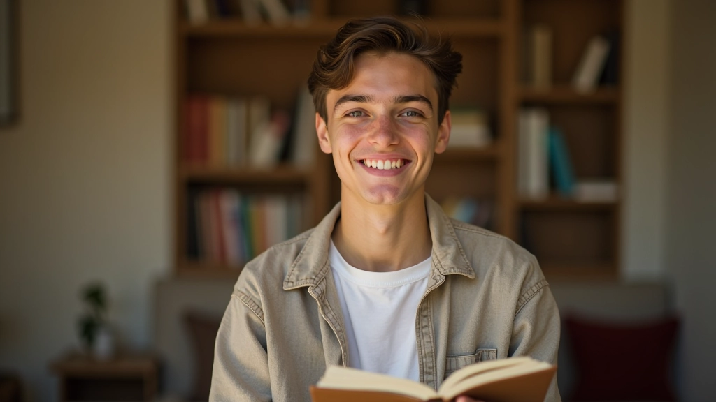 Personne jeune étudiant avec un sourire enthousiaste, tenant un livre ouvert, environnement d'apprentissage chaleureux